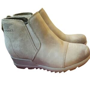 Sorel Evie Booties Size 5.5 Gray Suede & Leather Distressed Wedge Heel Pull-On